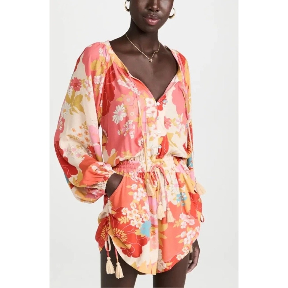 Spell & The Gypsy Collective Romper Women Small Red Pink Floral Boho Long Sleeve